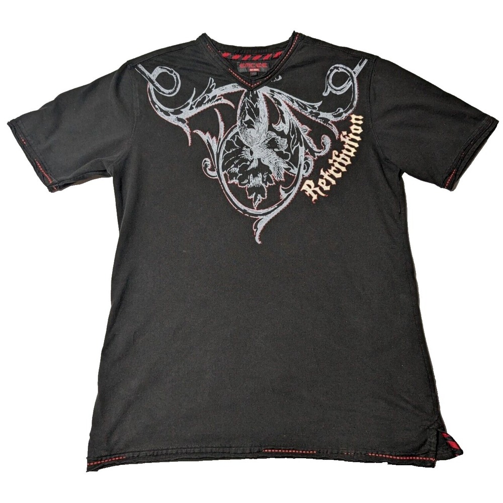 EMCEE RETRIBUTION Men Large Black V-Neck Embellished Double-Sided T-Shirt READ‎